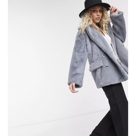 #173 NWOT-Free People Kate Faux Fur Coat Blue Gray Soft Double Breasted M $168 - Picture 1 of 6